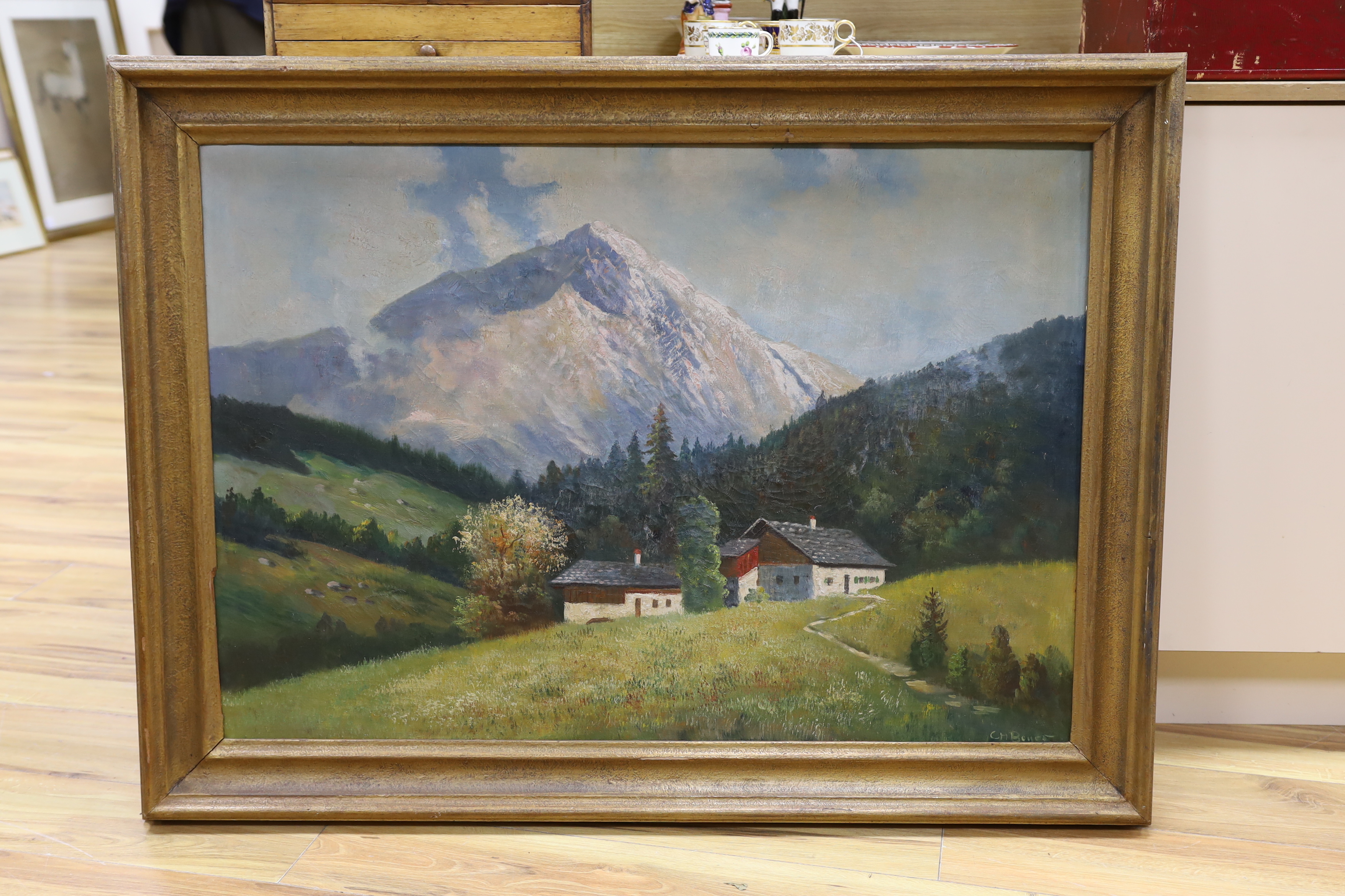 C.H. Boyer, oil on canvas, Alpine landscape with chalets, signed, 67 x 99cm